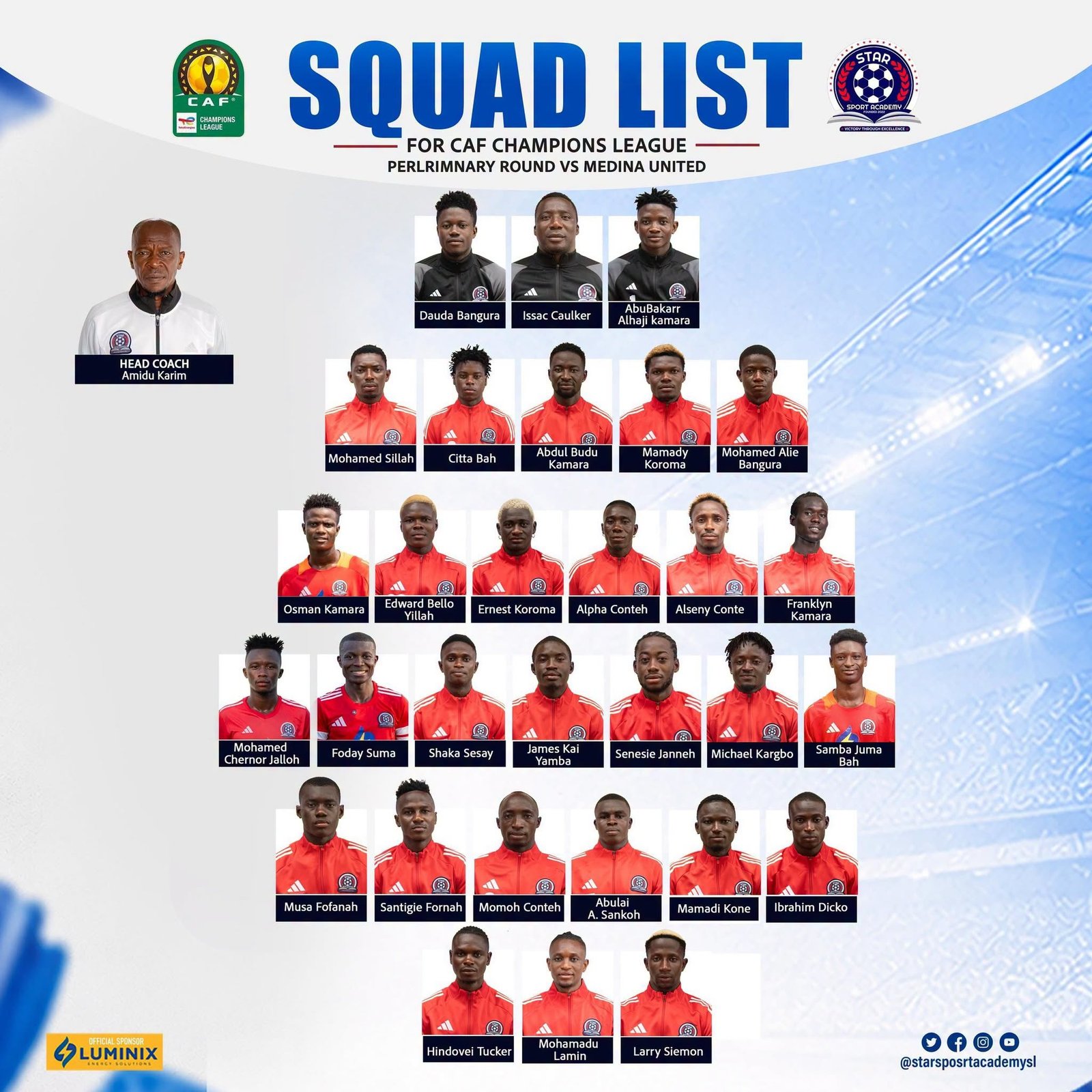 Star Sport Academy squad for CAF Champions League first round phase confirmed